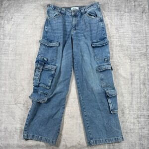 Ardene Jeans Womens 11 Blue Medium Wash Wide Leg Multi Cargo Pocket Streetwear